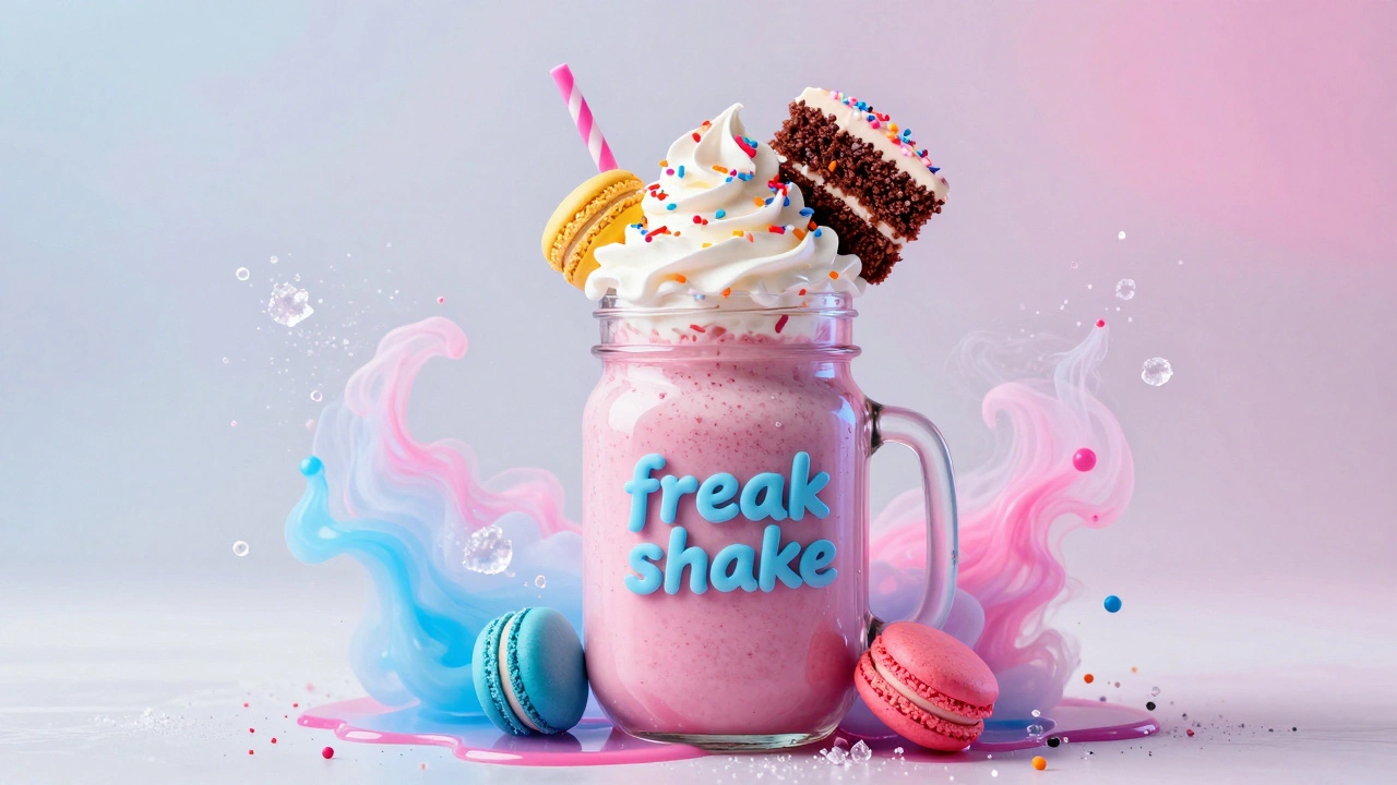 An extravagant gourmet milkshake topped with cake, macarons, and whipped cream.