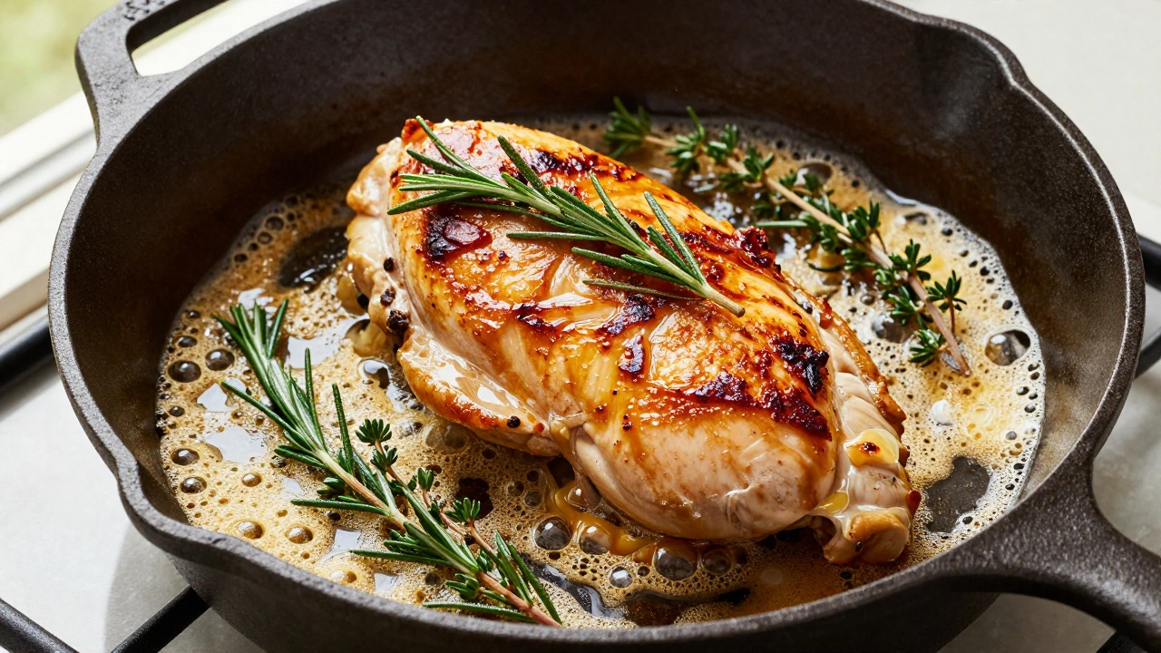 Chicken breast searing in a cast iron pan with foaming butter and fresh herbs