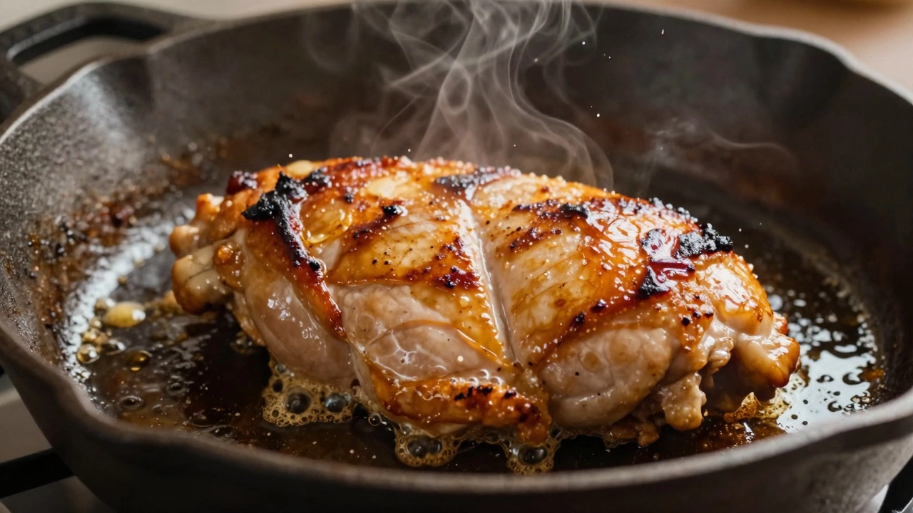 Chicken breast searing in a cast-iron skillet with a golden-brown crust