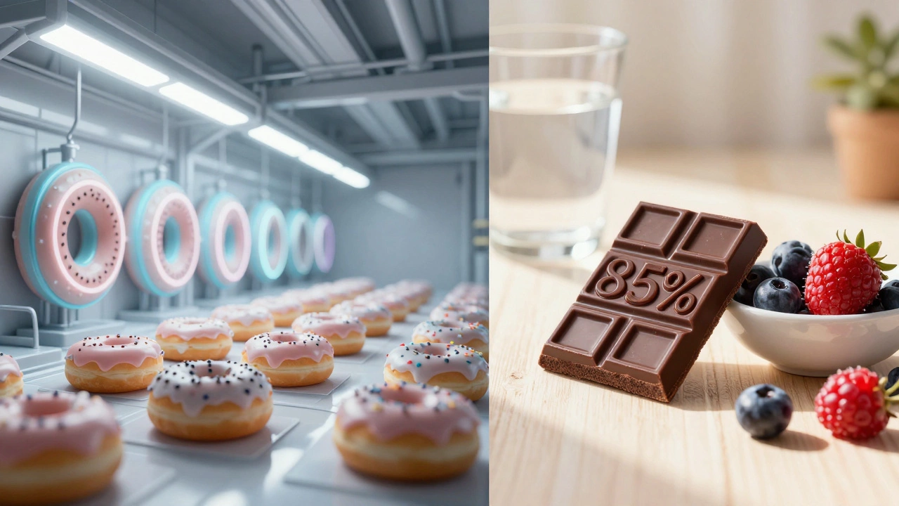 Comparison between artificial neon donuts and natural dark chocolate with berries.