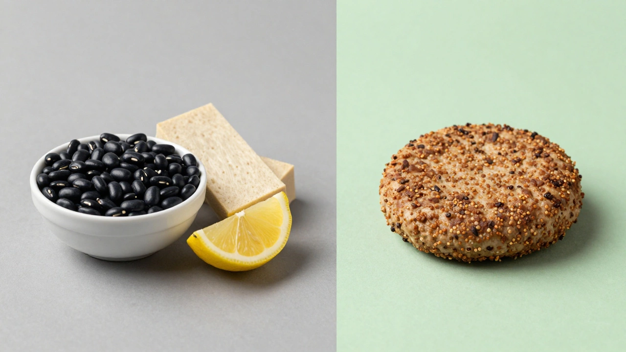 Comparison of whole plant proteins like beans and tempeh next to a processed plant-based burger