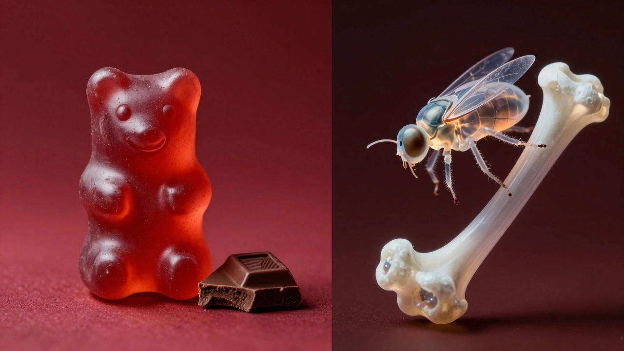 Conceptual image showing colorful candies next to abstract insect and bone shapes