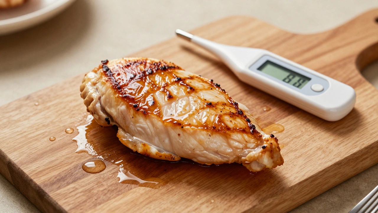 Cooked chicken breast resting on a wooden board with a digital meat thermometer
