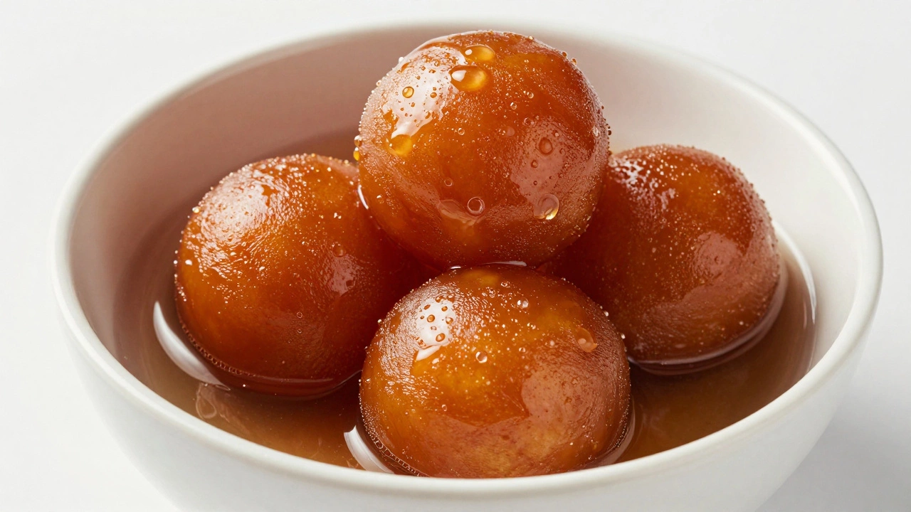 Deep-fried Gulab Jamun balls soaked in shimmering rose syrup