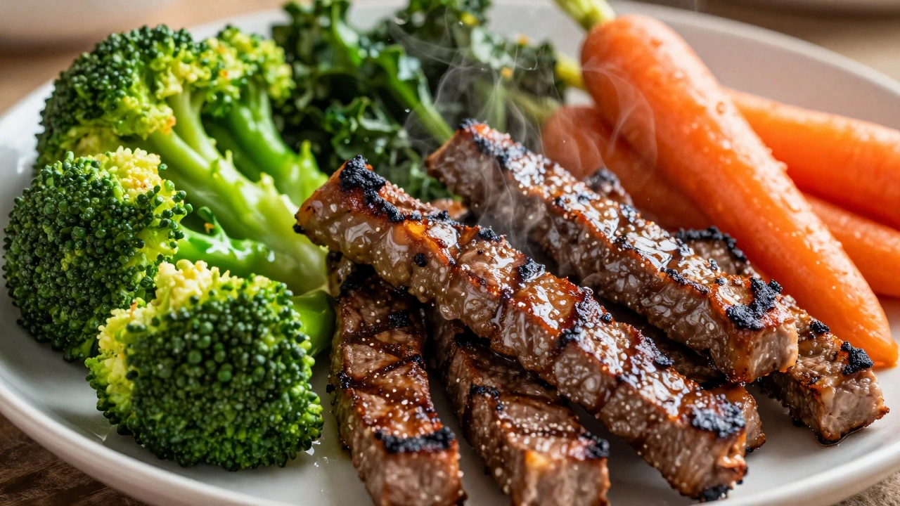 Grilled seitan strips served with a large portion of steamed broccoli and kale