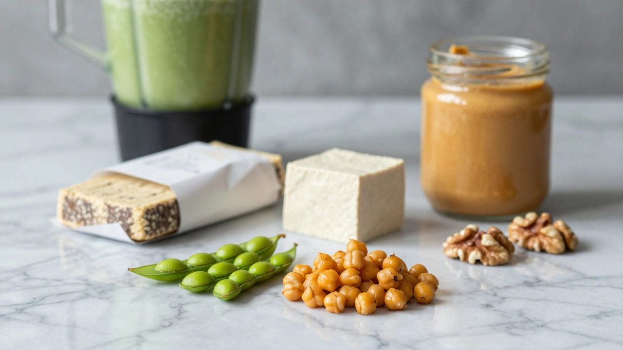 Assortment of vegetarian protein snacks including chickpeas, tofu, and nuts