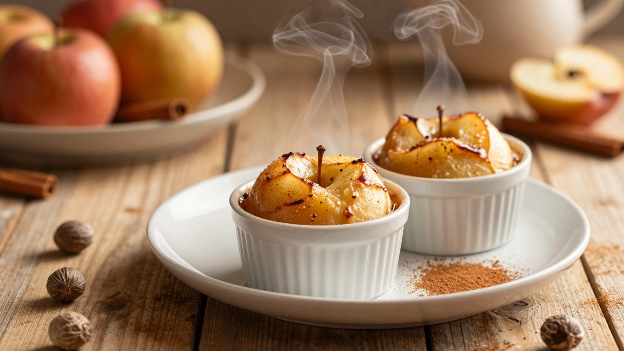 Baked apples with cinnamon served in small ceramic ramekins