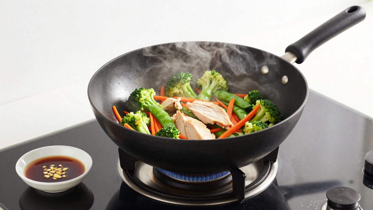 Colorful chicken and vegetable stir-fry cooking in a steaming wok