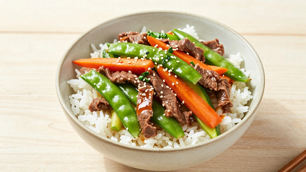 Colorful stir-fry with beef and veggies served over rice