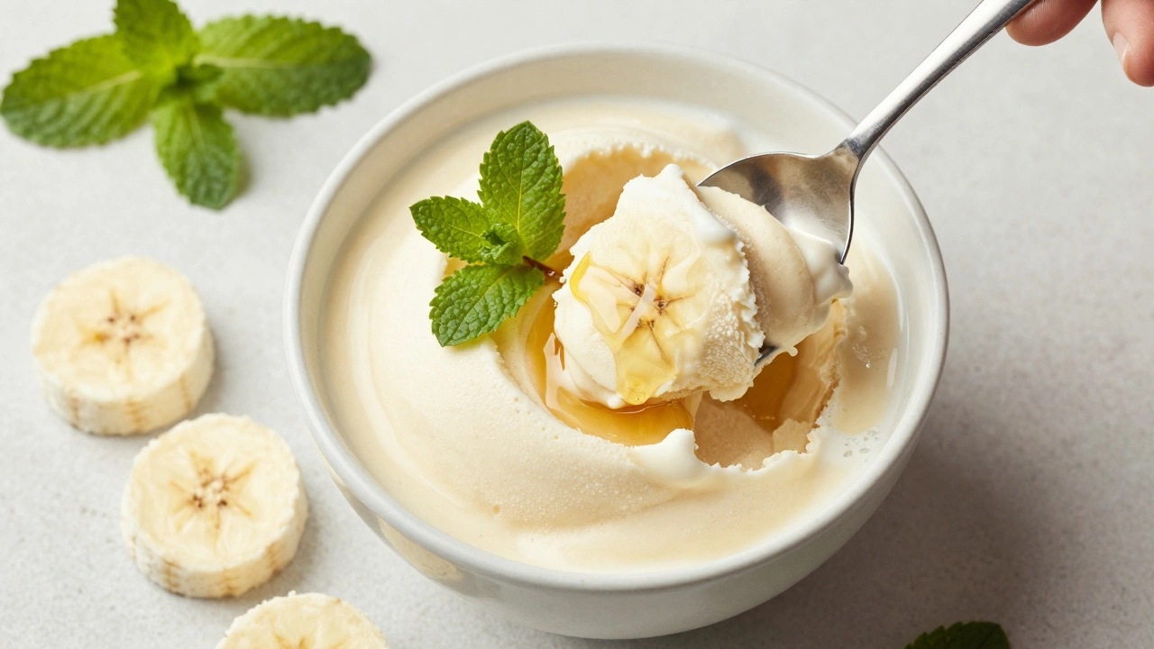 Creamy frozen banana nice cream in a bowl with mint garnish