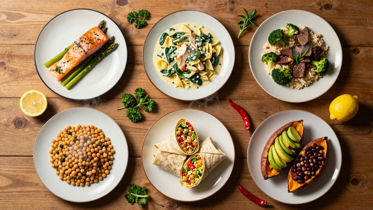 Five different healthy dinner dishes plated on a wooden table