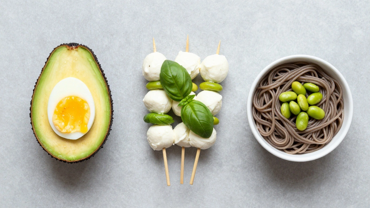 Flat lay of avocado boats, caprese skewers, and cold noodle salad for lunch