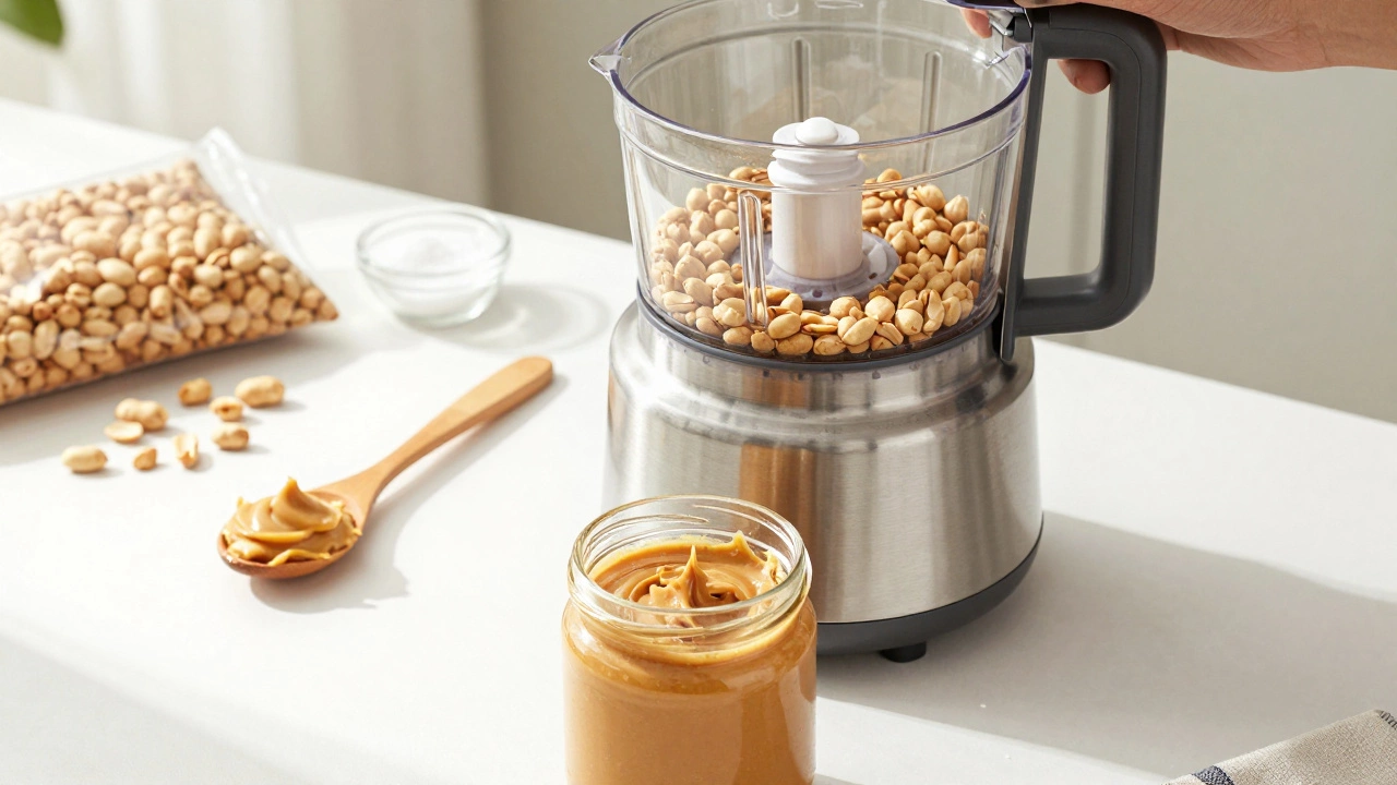 Food processor making fresh homemade peanut butter in a bright kitchen