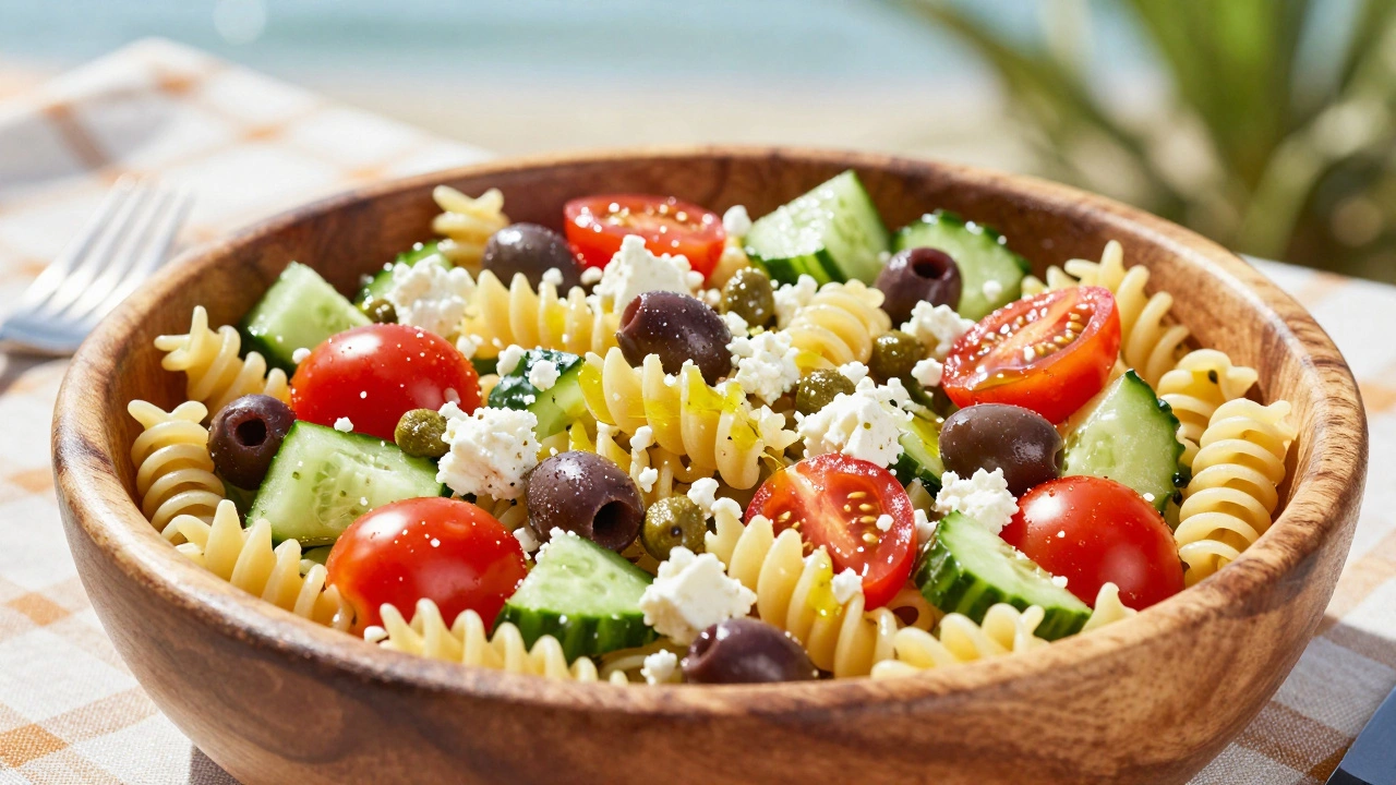Fresh Greek pasta salad with fusilli, feta, olives, and vegetables in a wooden bowl.
