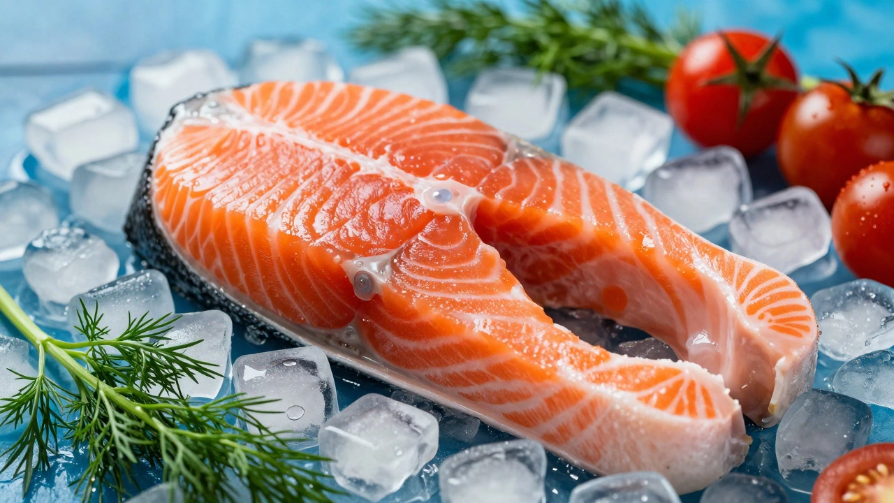 Fresh salmon fillet on ice with dill and tomatoes