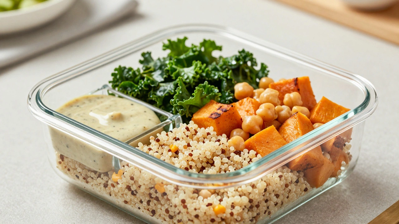 Glass container holding a quinoa grain bowl with sweet potatoes, kale, and chickpeas