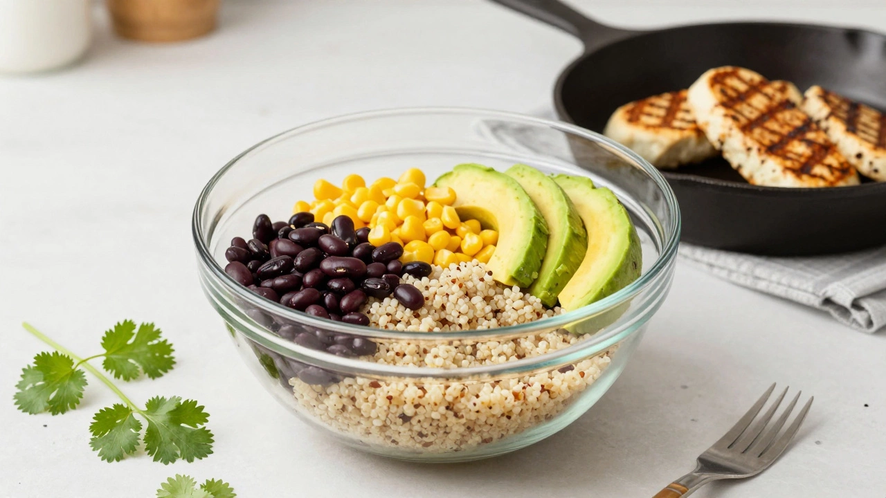 Grilled tempeh and quinoa bowl with black beans and avocado for lunch