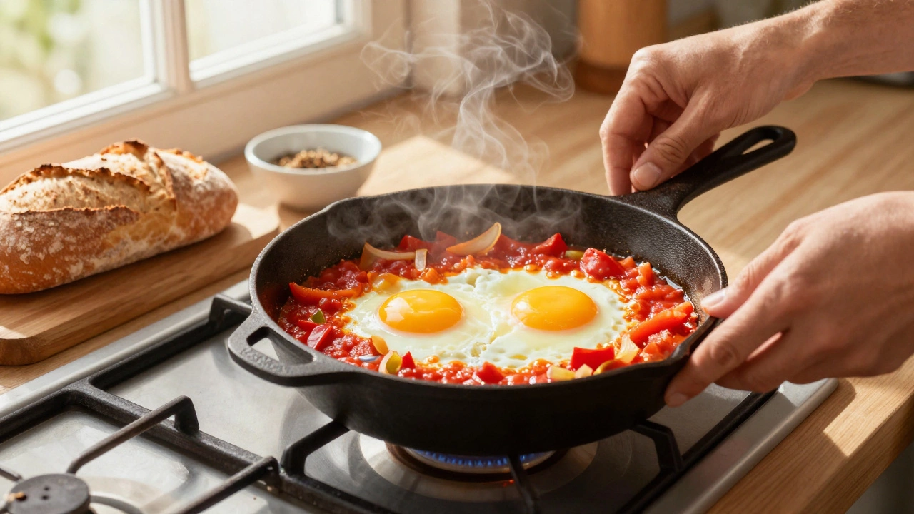 Hands cooking shakshuka eggs in a skillet with crusty bread nearby.