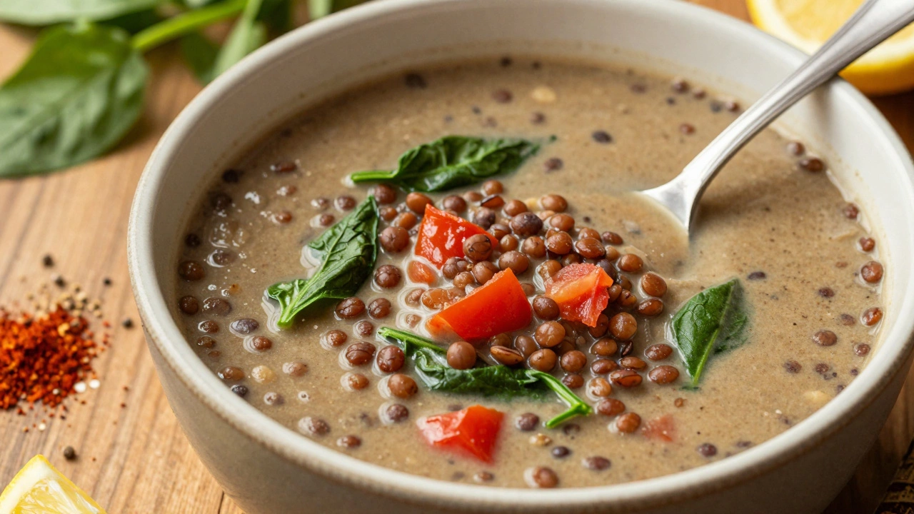 Hearty bowl of creamy lentil soup with fresh herbs on a wooden table