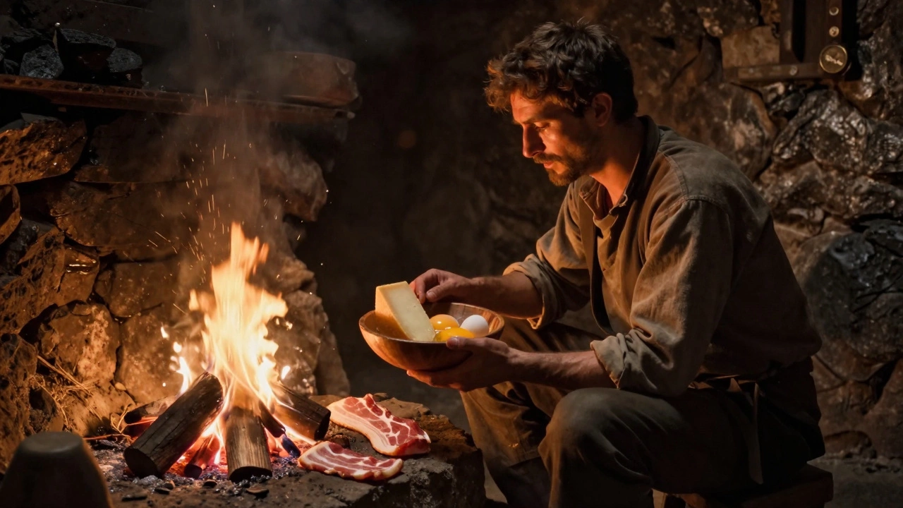 Historical scene of a coal miner preparing simple ingredients for carbonara by an open fire.