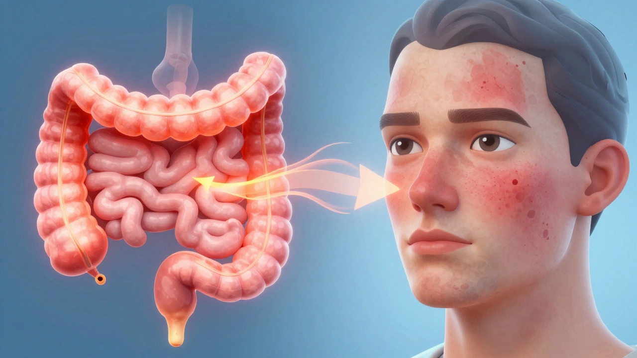 Illustration linking inflamed gut to irritated facial skin