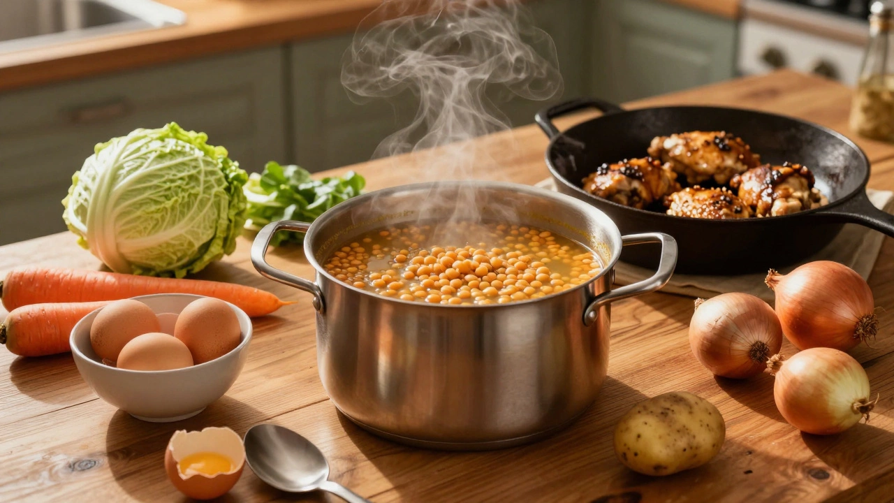 Kitchen table with lentil soup and fresh vegetables