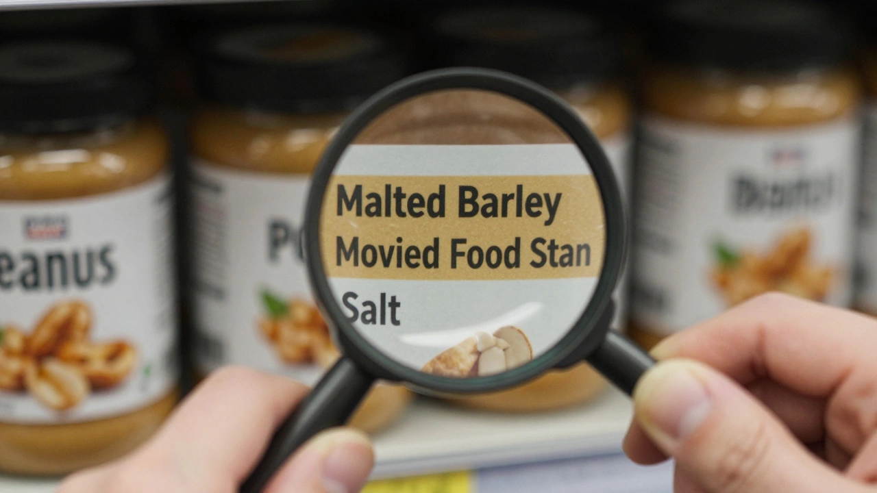 Magnifying glass inspecting peanut butter label for hidden gluten ingredients
