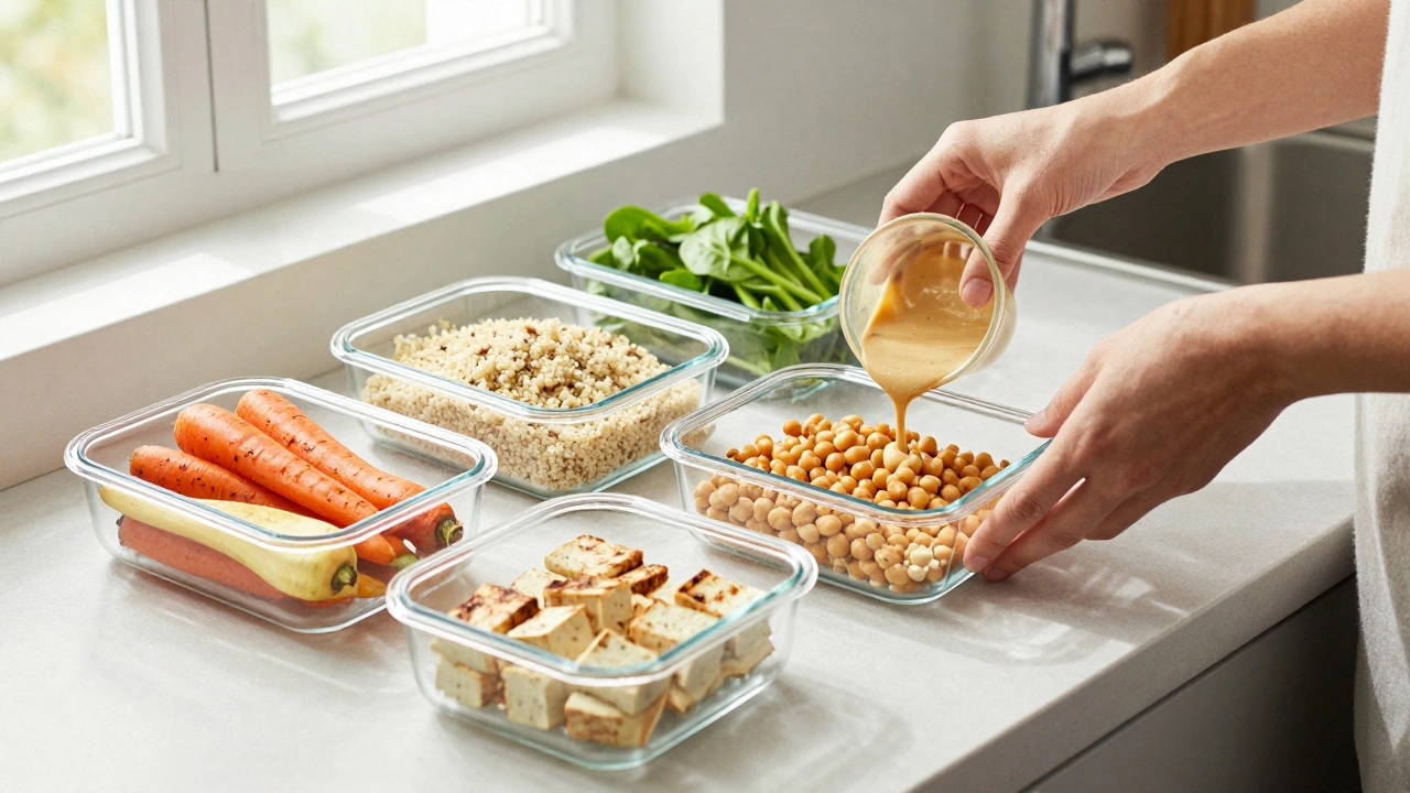 Meal prep ingredients in glass containers on a kitchen counter