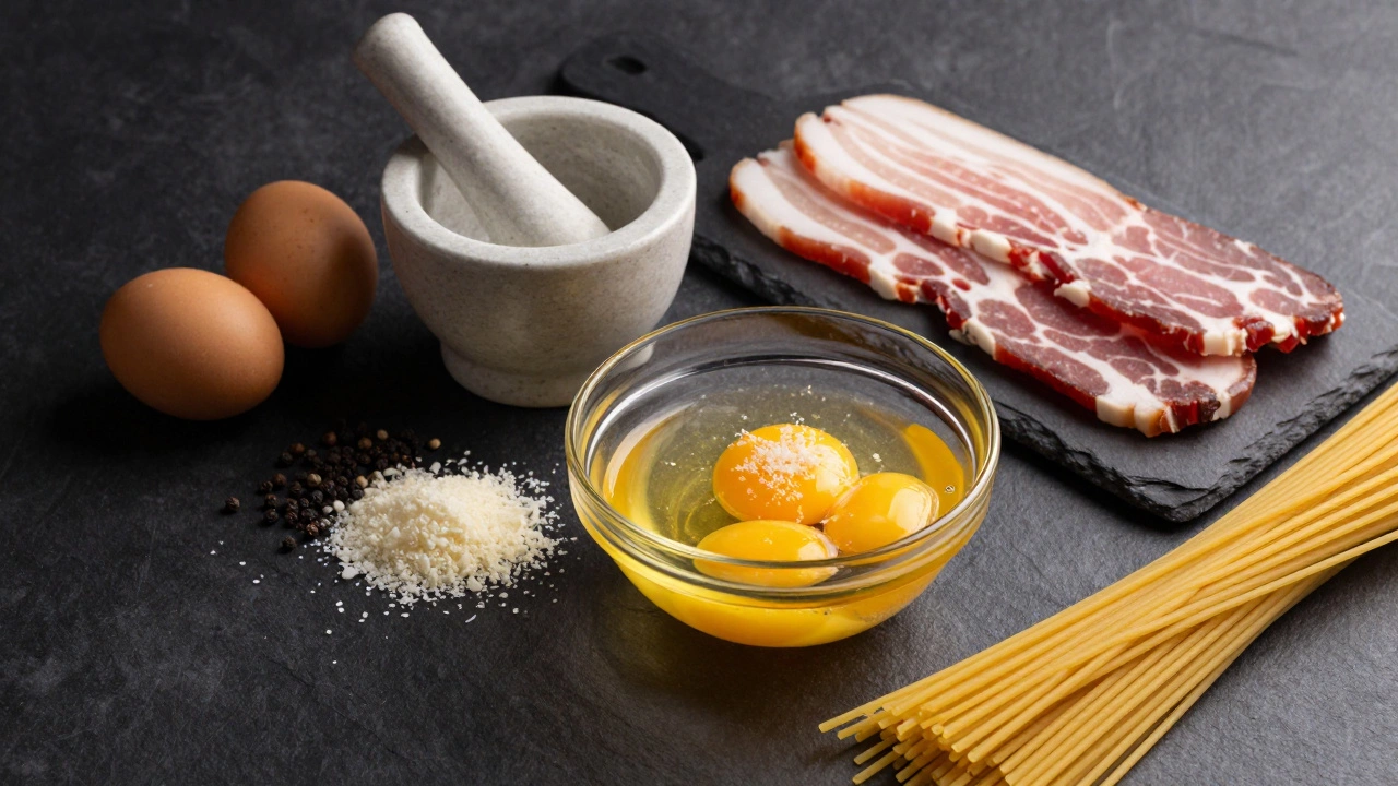 Raw ingredients for authentic carbonara: egg yolks, pecorino cheese, guanciale, and pepper.