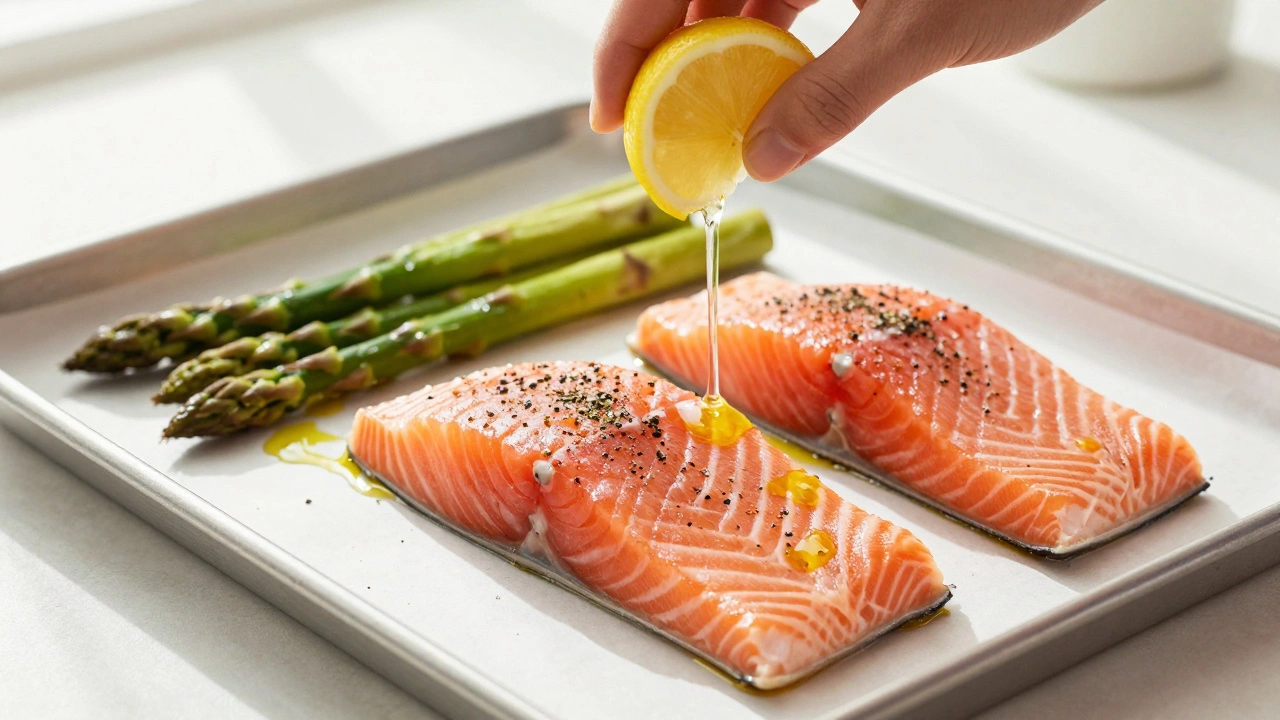 Raw salmon and asparagus being seasoned with lemon on a baking sheet