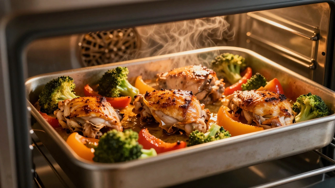 Sheet pan with chicken and vegetables roasting in oven