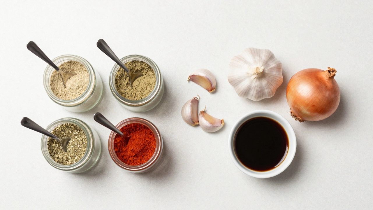 Spice jars and simple ingredients on countertop