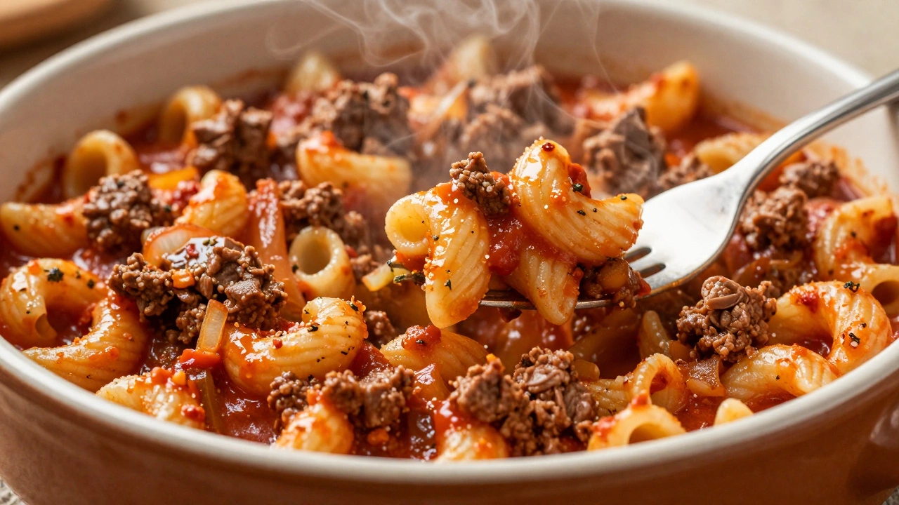 Steaming bowl of Makaronia me Kima, Greek pasta with minced meat in rich tomato sauce.