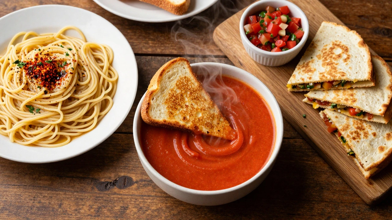 Table setting with tomato soup, grilled cheese, pasta, and quesadillas.
