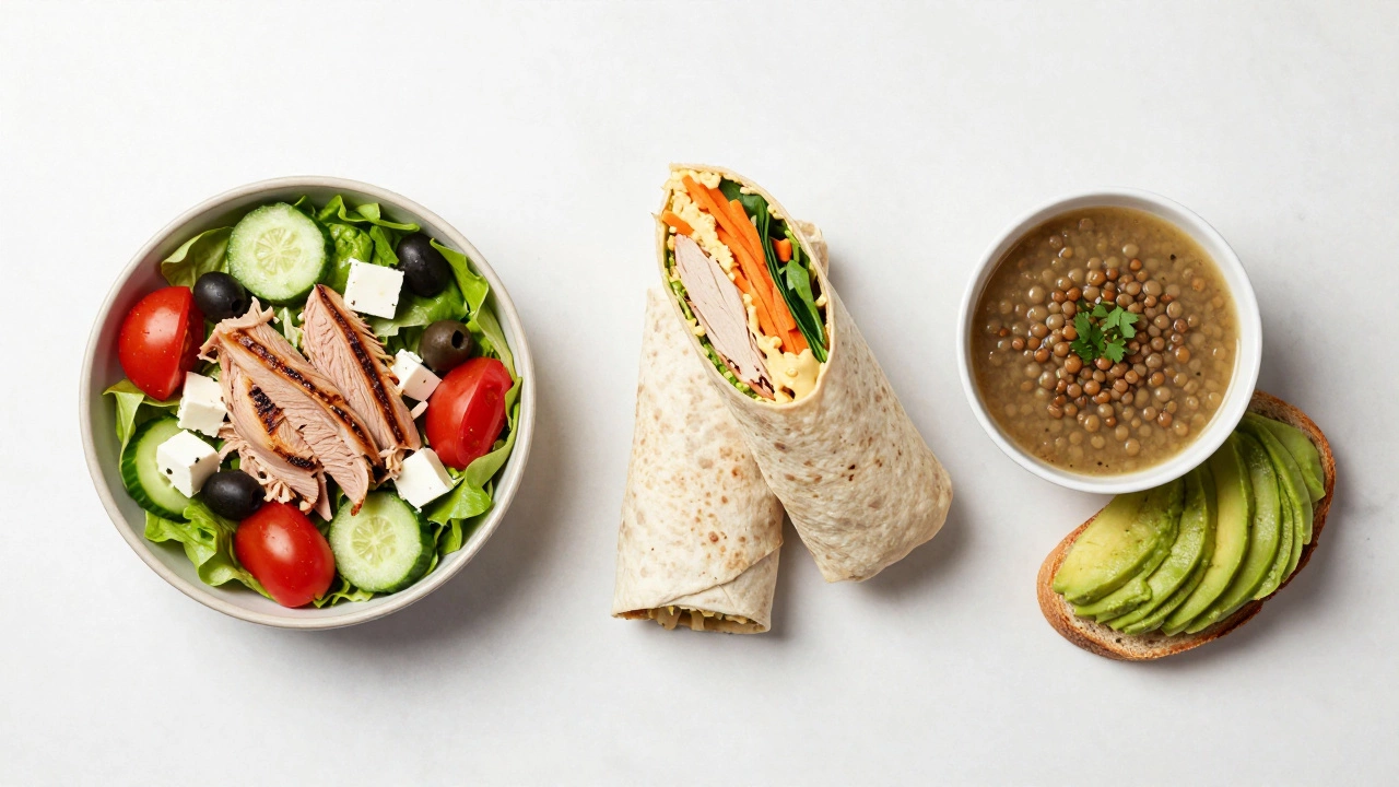 Three healthy lunch options: salad, wrap, and soup with toast