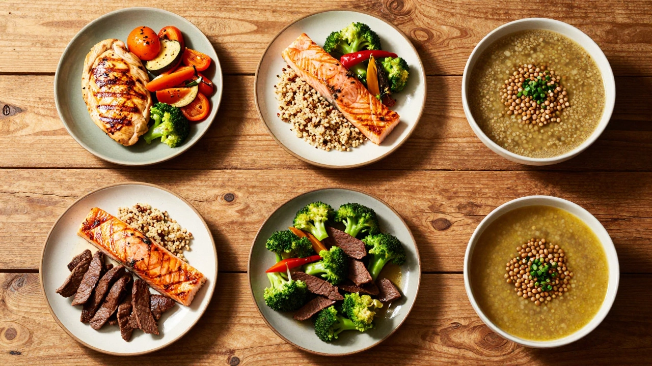 Variety of healthy meats and plant proteins on a table