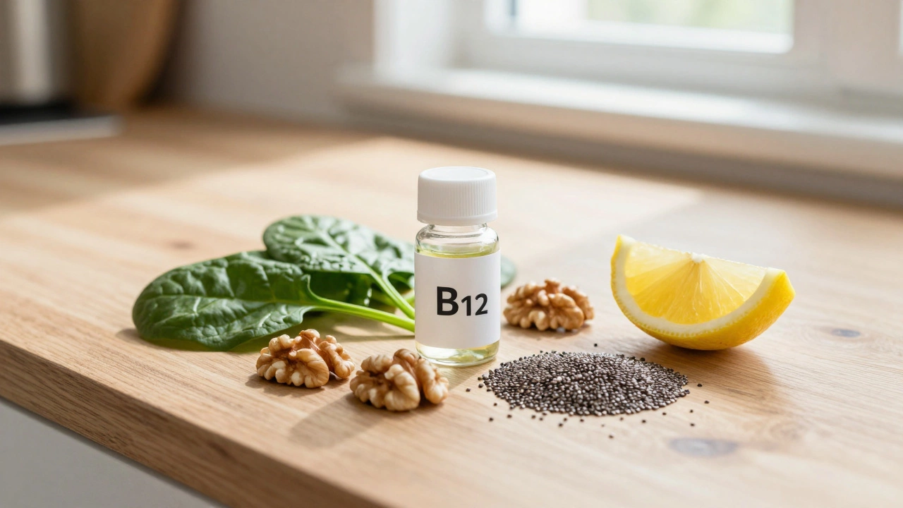 Vitamin B12 supplements and plant-based nutrients on a kitchen counter