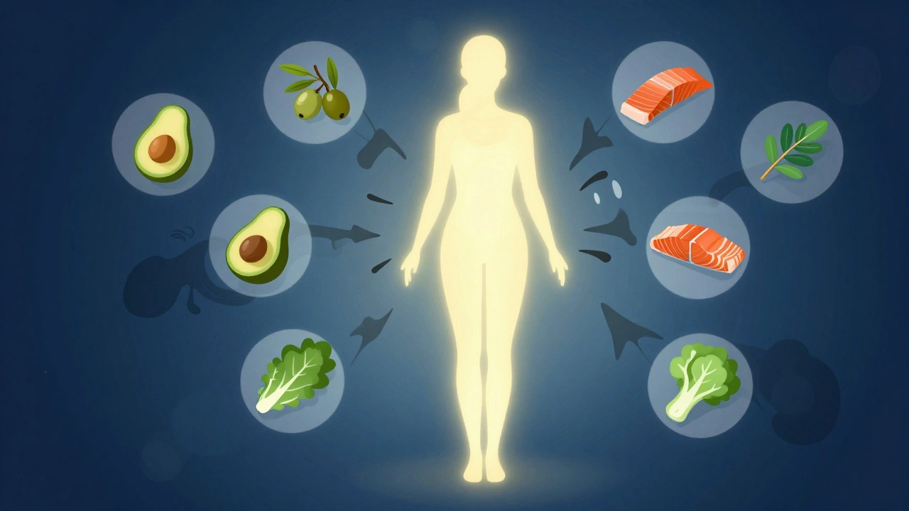 Abstract illustration of a woman's silhouette surrounded by healthy foods and light.