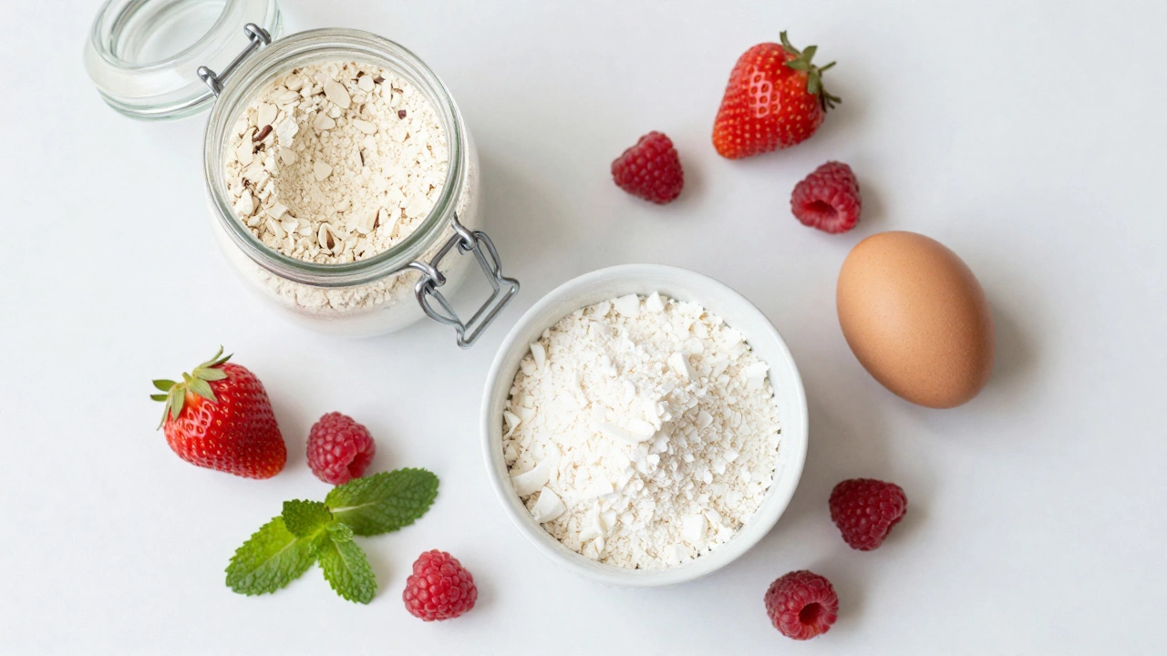 Almond flour, coconut flour, eggs, and berries for low-carb baking