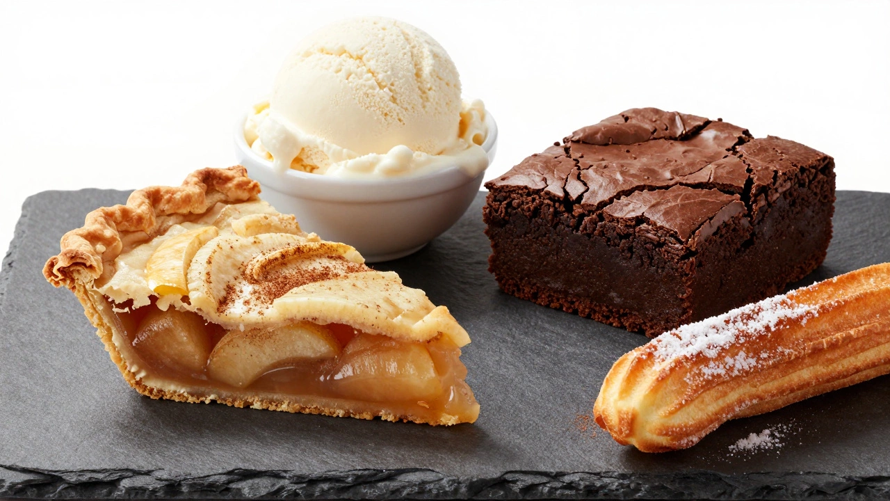 Apple pie, brownie, and churros with ice cream