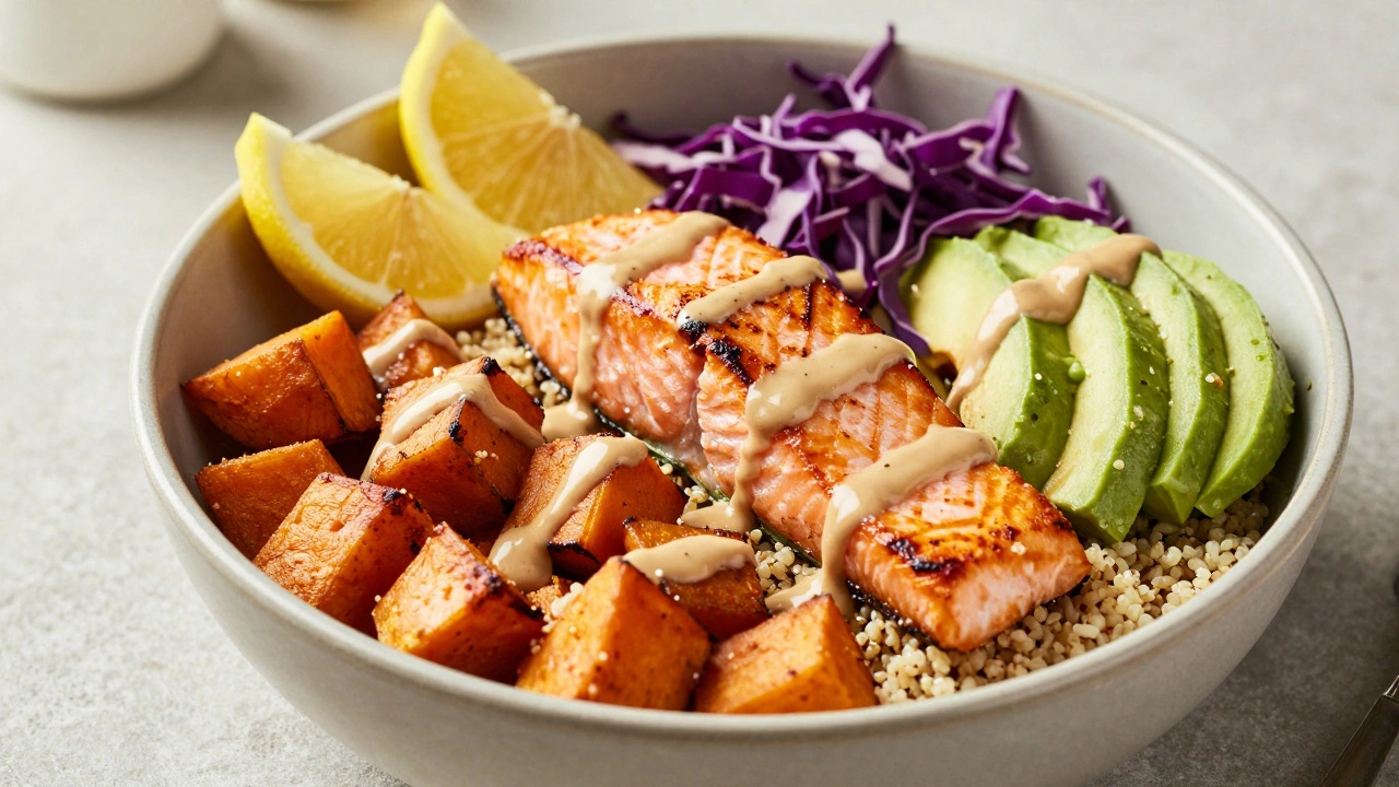 Colorful grain bowl with salmon, avocado, and quinoa