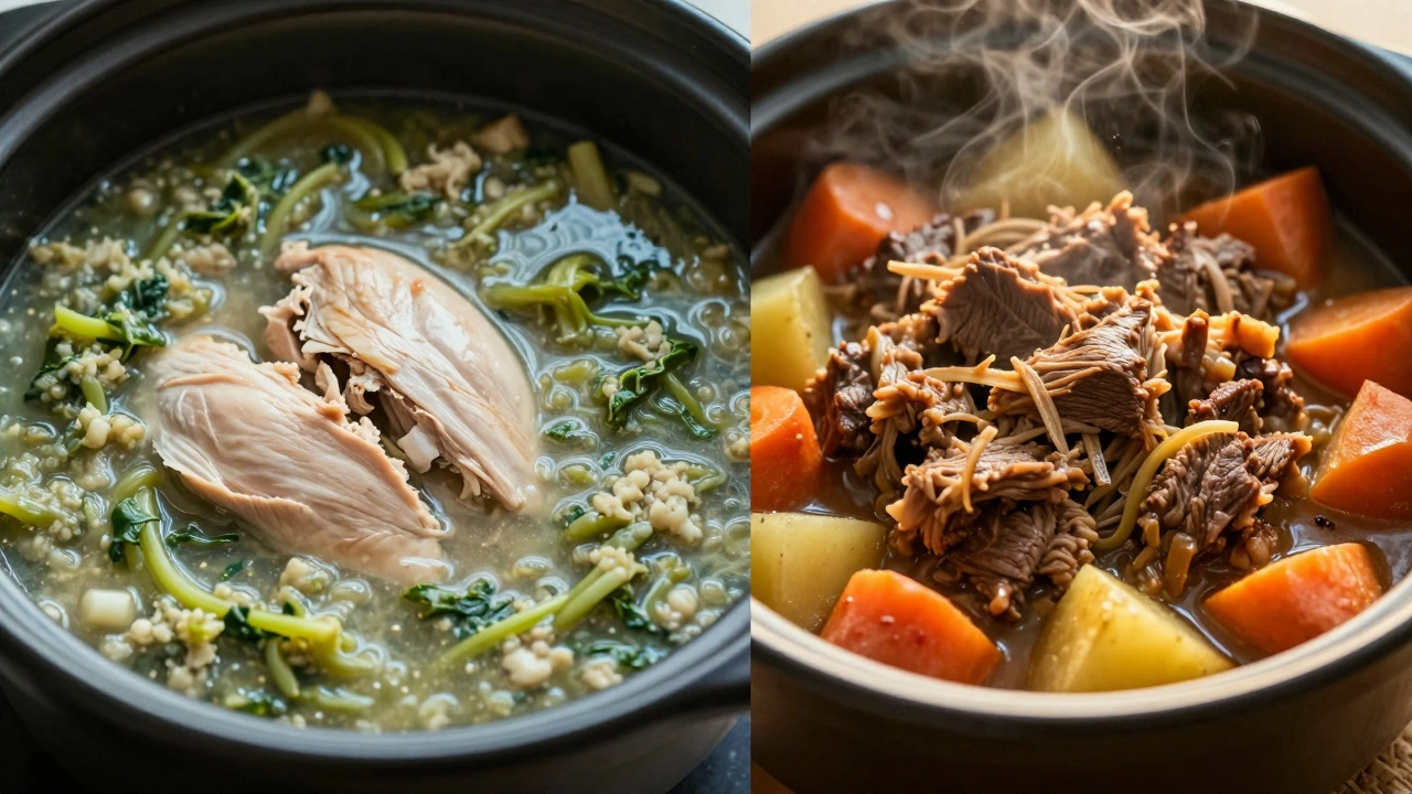 Comparison of watery mushy stew versus rich thick pot roast with tender meat