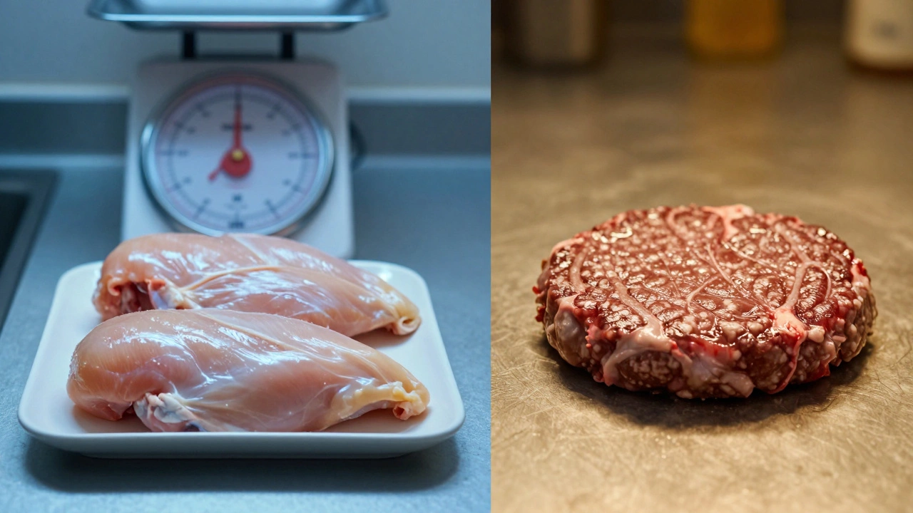 Conceptual comparison of chicken vs beef with lighting effects