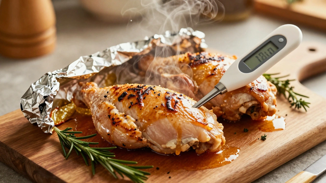 Cooked chicken breasts resting on a board with a thermometer inserted.