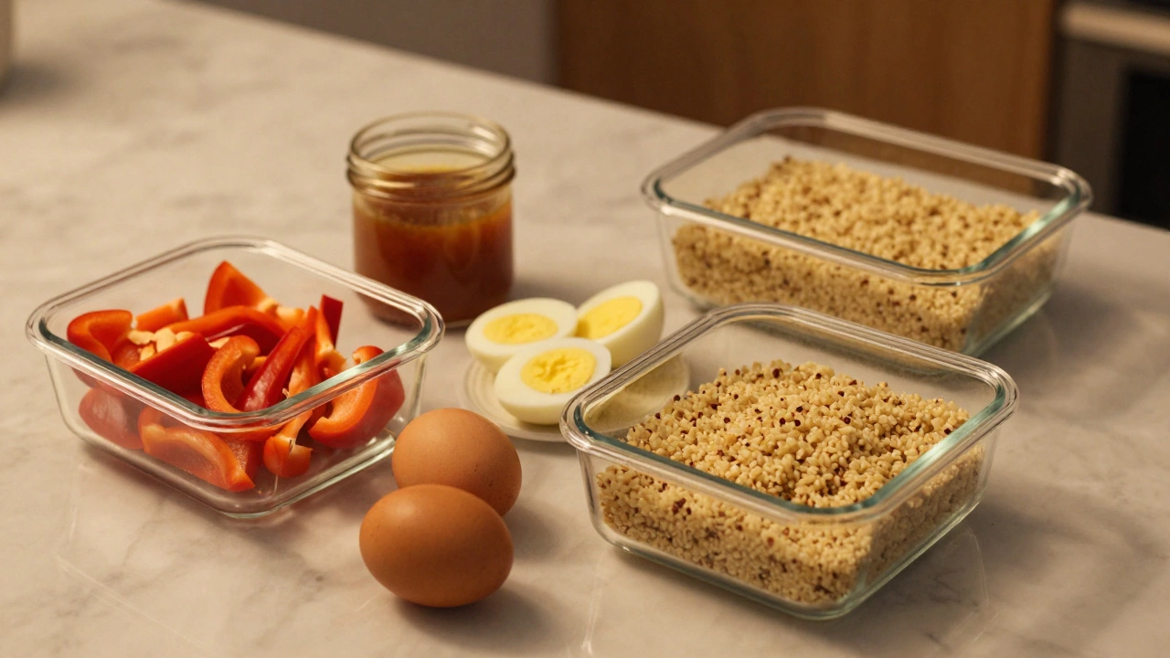 Glass containers with prepped quinoa, eggs, and veggies for easy meal assembly.