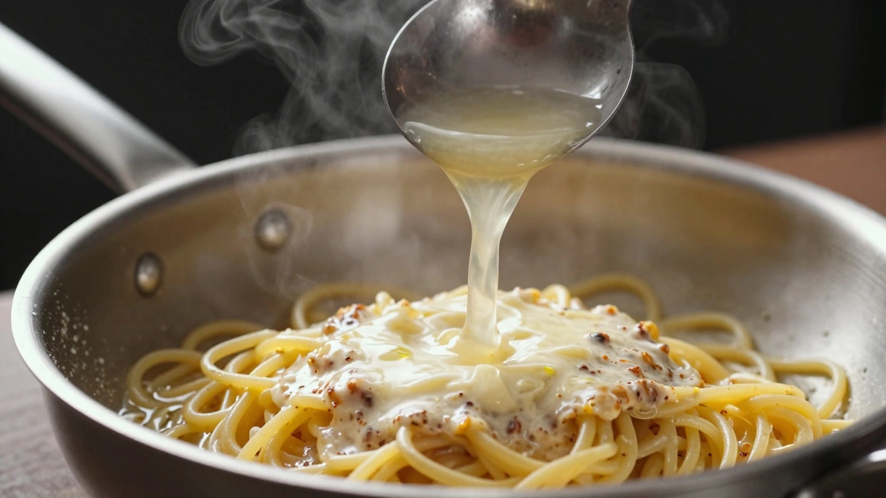 Pouring starchy pasta water into a pan to emulsify sauce with spaghetti.