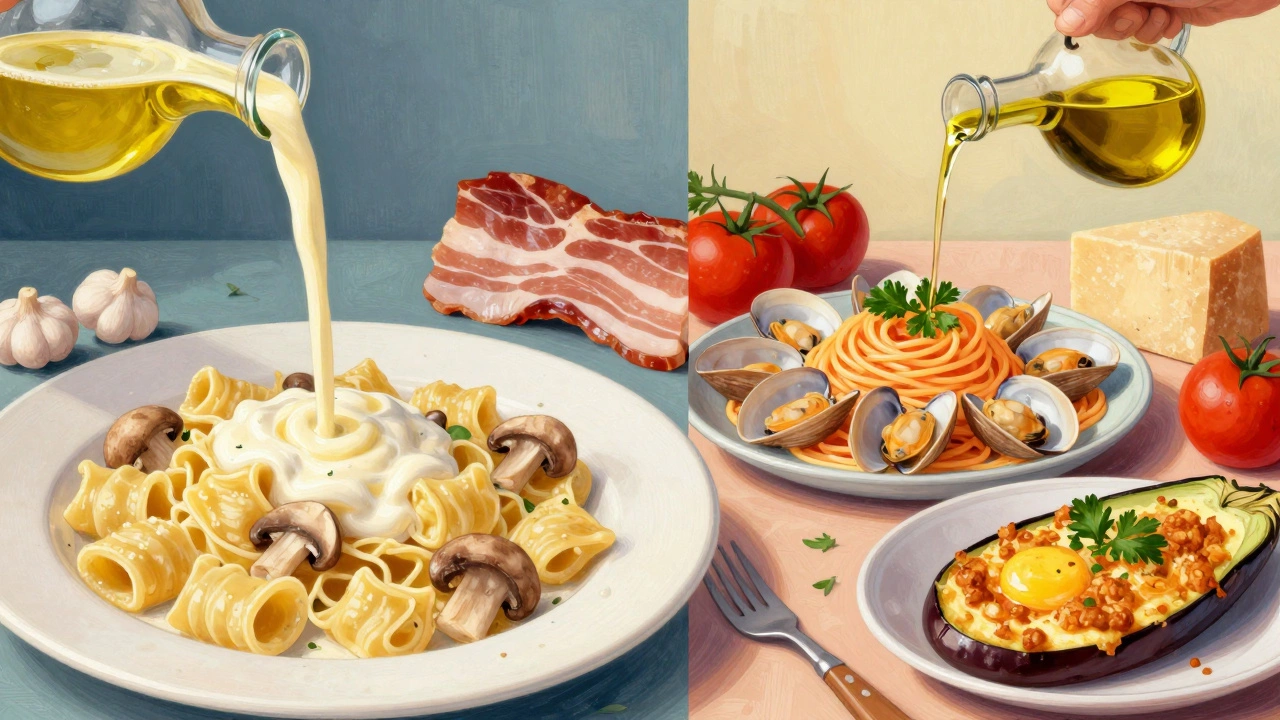 Regional Italian pasta styles contrasting northern butter dishes with southern oil-based seafood.
