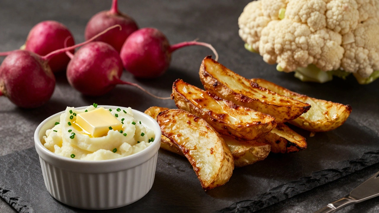 Roasted radishes and mashed cauliflower on a dark slate board
