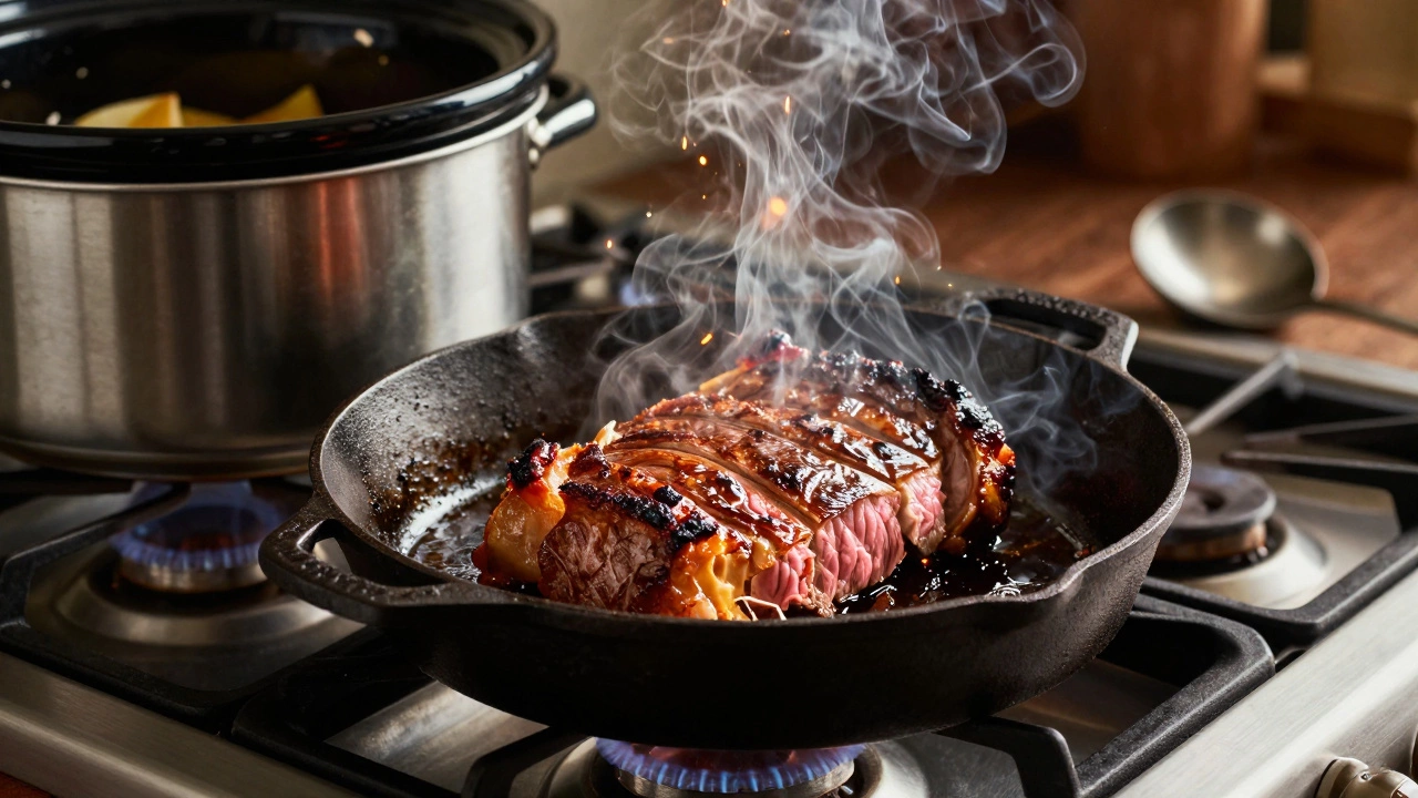 Searing beef chuck roast in a hot skillet to develop flavor before slow cooking