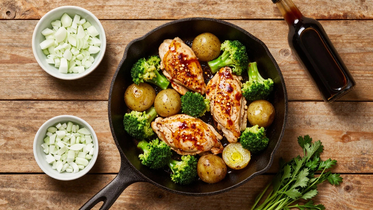 Sizzling chicken and vegetables in a cast-iron skillet